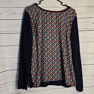 Talbots Womens Anchor Print Long‎ Sleeve Crew Neck Sweater Top Nautical Navy L